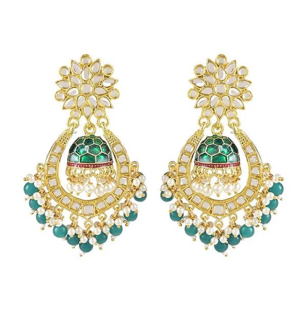 Jewel City Green and Gold-Plated Kundan Chandbali Earrings – Traditional Indian Jhumka Earrings with Pearls
