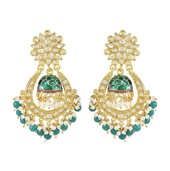Jewel City Green and Gold-Plated Kundan Chandbali Earrings – Traditional Indian Jhumka Earrings with Pearls