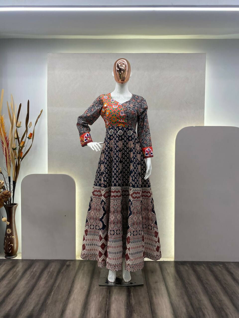 Preksha Creation Exclusive For Navratri Wear Rayon Printed With Mirror Work Gown - Black