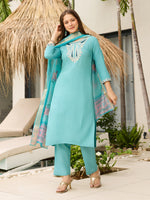Thumbnail for The52 Women's Viscose Embroidery work Straight Kurta with Pant and Dupatta Set