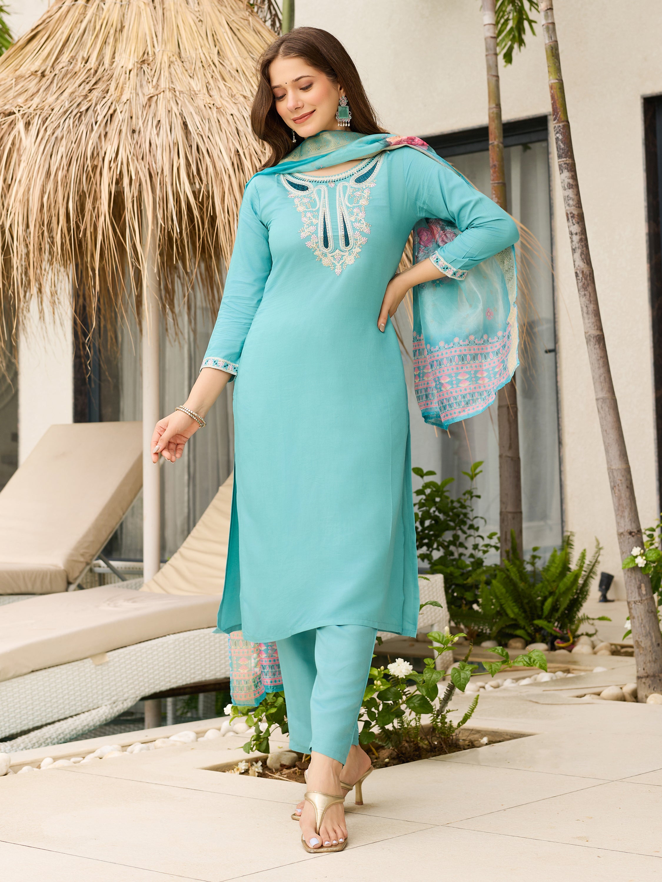 The52 Women's Viscose Embroidery work Straight Kurta with Pant and Dupatta Set
