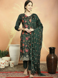 Thumbnail for Aastha Fashion Women's Green Upada Silk Floral Resham Thread Kurta with Trouser & Dupatta - Distacart