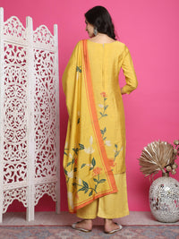 Thumbnail for Jyoti Fashion Women's Yellow Muslin Floral Print with Jari & Crystal work Kurta with Trouser & Dupatta