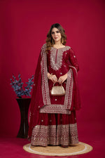Thumbnail for Teeya Creation Maroon Color Chinnon Silk Heavy Embroidery Work Fully Stitched Sharara Suit - Distacart