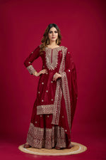 Thumbnail for Teeya Creation Maroon Color Chinnon Silk Heavy Embroidery Work Fully Stitched Sharara Suit - Distacart