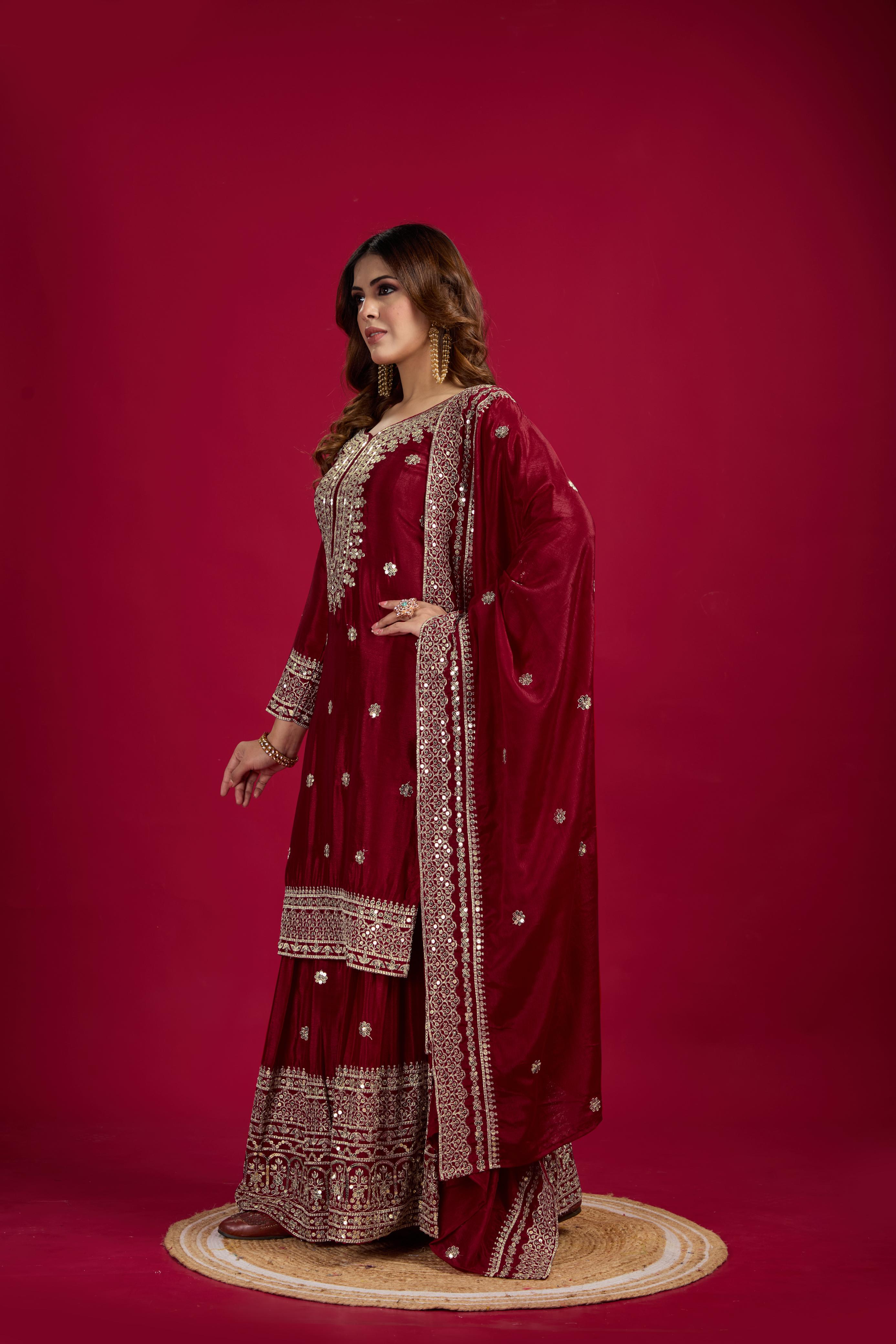 Teeya Creation Maroon Color Chinnon Silk Heavy Embroidery Work Fully Stitched Sharara Suit - Distacart