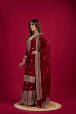 Thumbnail for Teeya Creation Maroon Color Chinnon Silk Heavy Embroidery Work Fully Stitched Sharara Suit - Distacart
