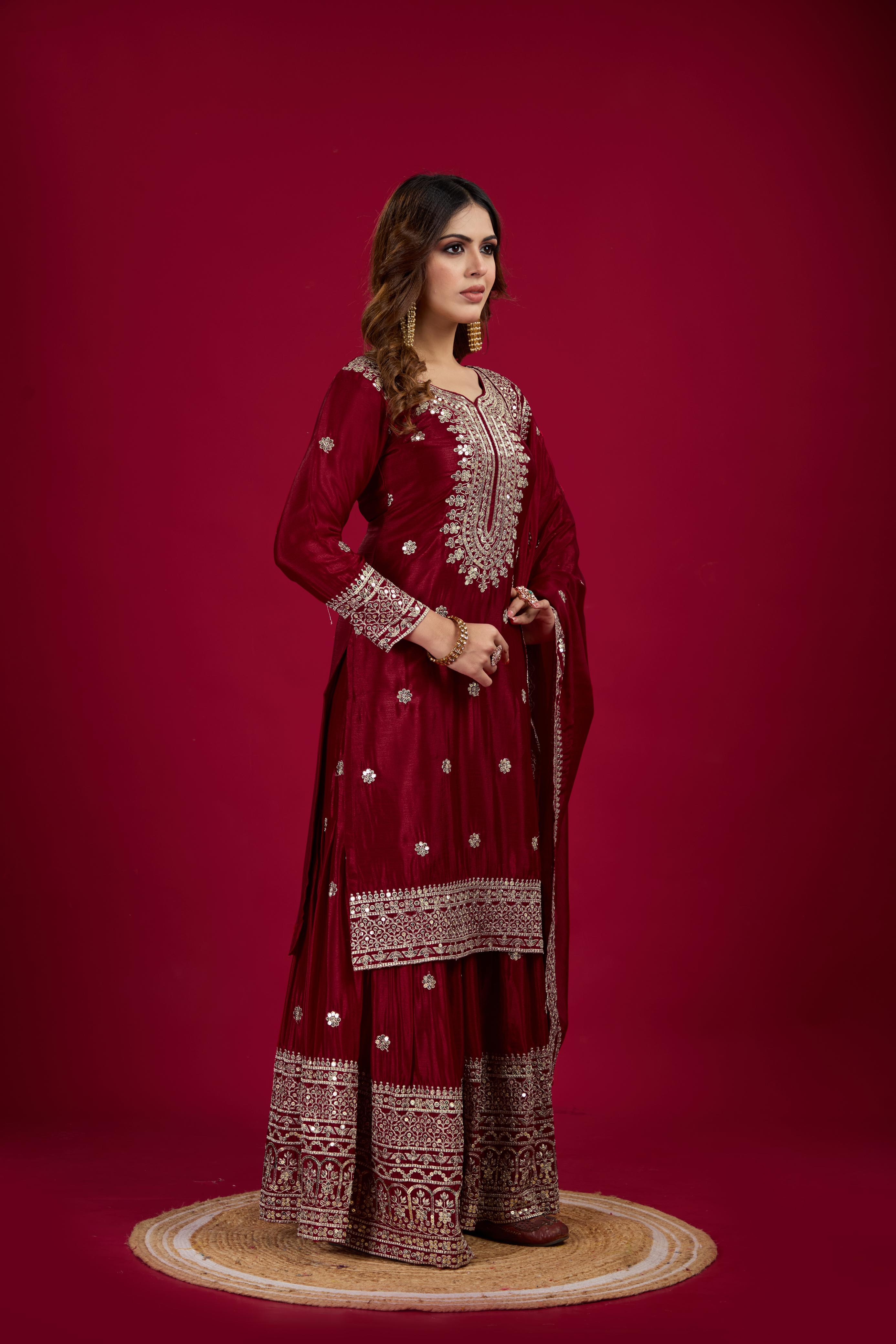 Teeya Creation Maroon Color Chinnon Silk Heavy Embroidery Work Fully Stitched Sharara Suit - Distacart