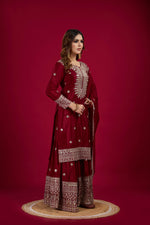 Thumbnail for Teeya Creation Maroon Color Chinnon Silk Heavy Embroidery Work Fully Stitched Sharara Suit - Distacart