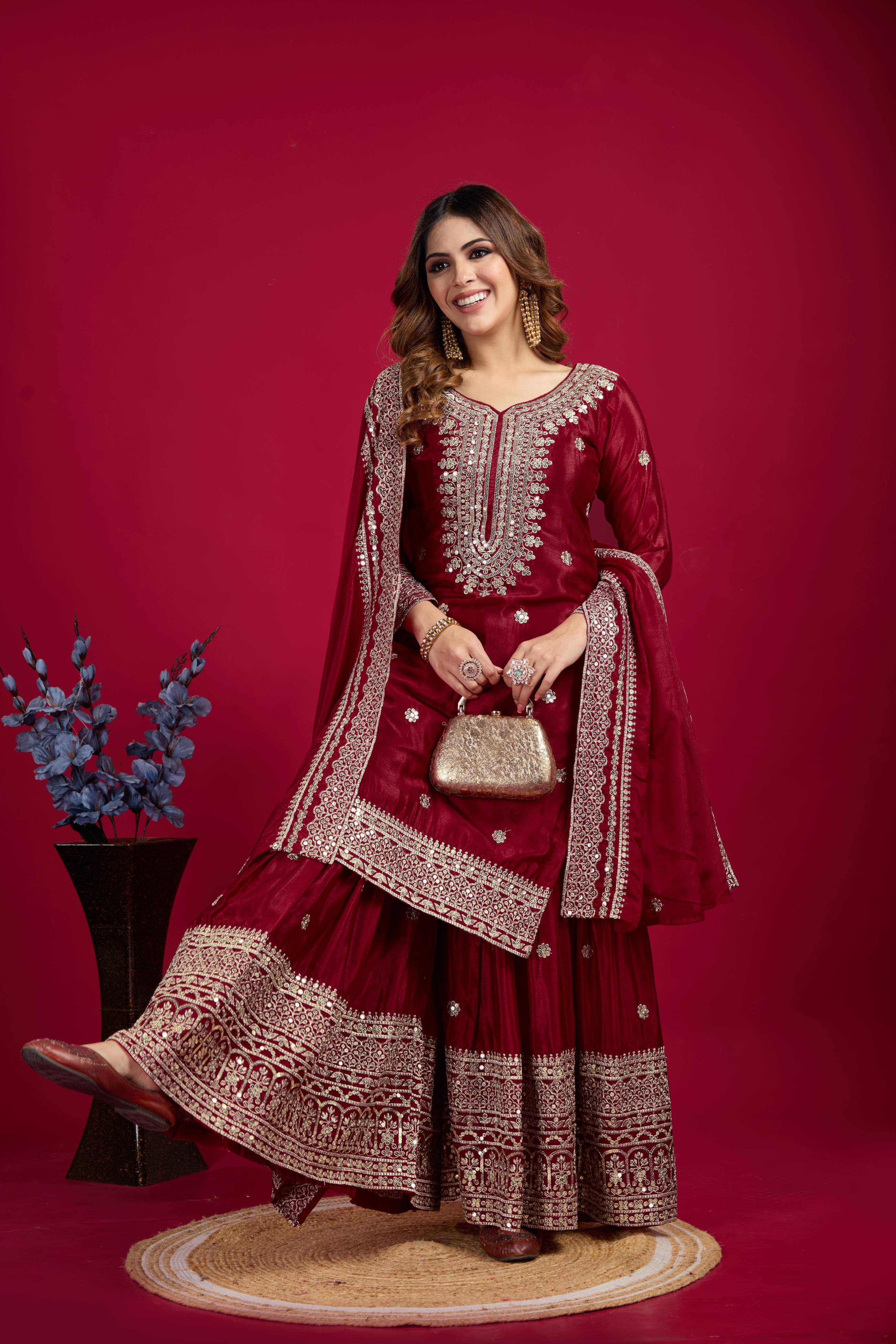 Teeya Creation Maroon Color Chinnon Silk Heavy Embroidery Work Fully Stitched Sharara Suit - Distacart