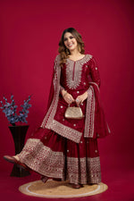 Thumbnail for Teeya Creation Maroon Color Chinnon Silk Heavy Embroidery Work Fully Stitched Sharara Suit - Distacart