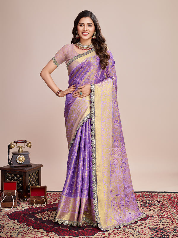Vedant Vastram Soft Litchi Silk Kanjeevaram Silk Saree - Lavender - Distacart