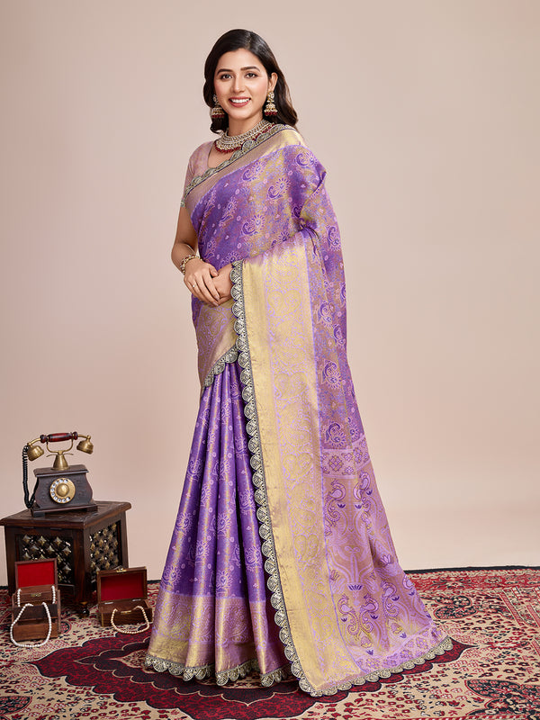 Vedant Vastram Soft Litchi Silk Kanjeevaram Silk Saree - Lavender - Distacart