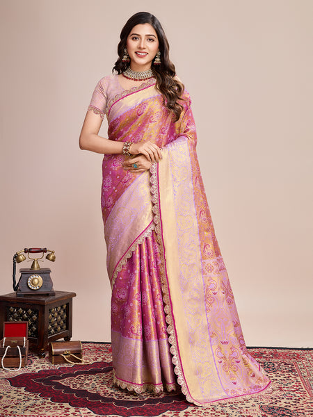 Vedant Vastram Soft Litchi Silk Kanjeevaram Silk Saree - Pink - Distacart