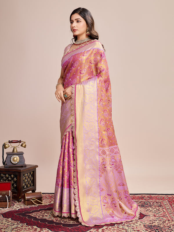 Vedant Vastram Soft Litchi Silk Kanjeevaram Silk Saree - Pink - Distacart