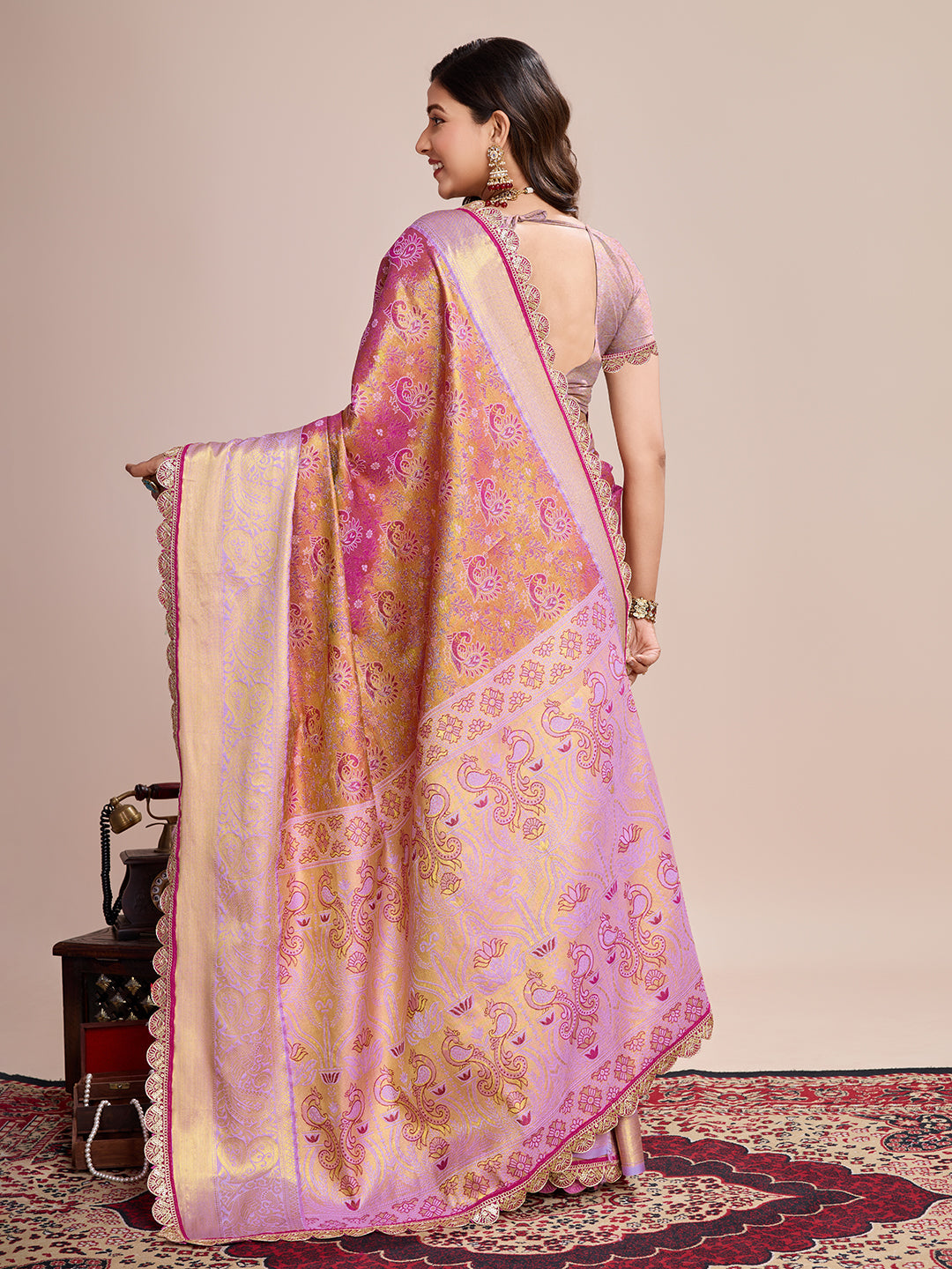Vedant Vastram Soft Litchi Silk Kanjeevaram Silk Saree - Pink - Distacart