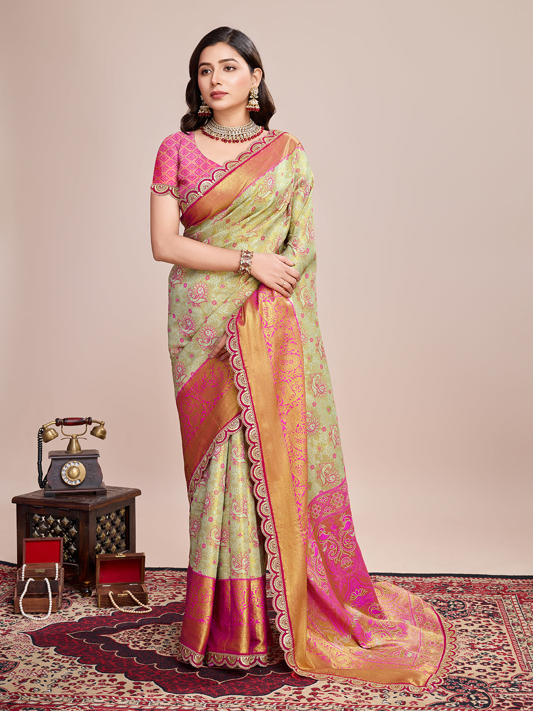 Vedant Vastram Soft Litchi Silk Kanjeevaram Silk Saree - Pista - Distacart