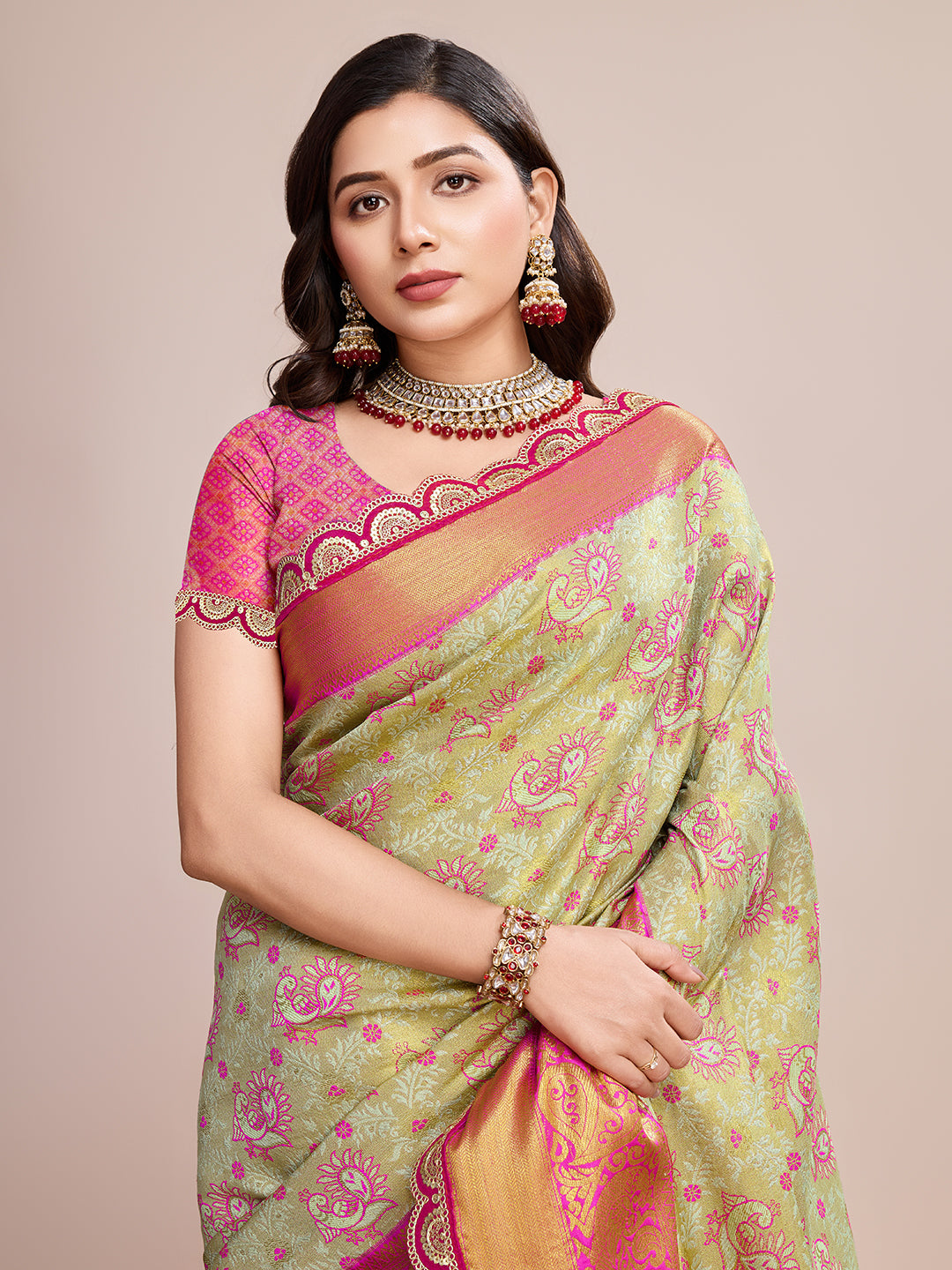 Vedant Vastram Soft Litchi Silk Kanjeevaram Silk Saree - Pista - Distacart