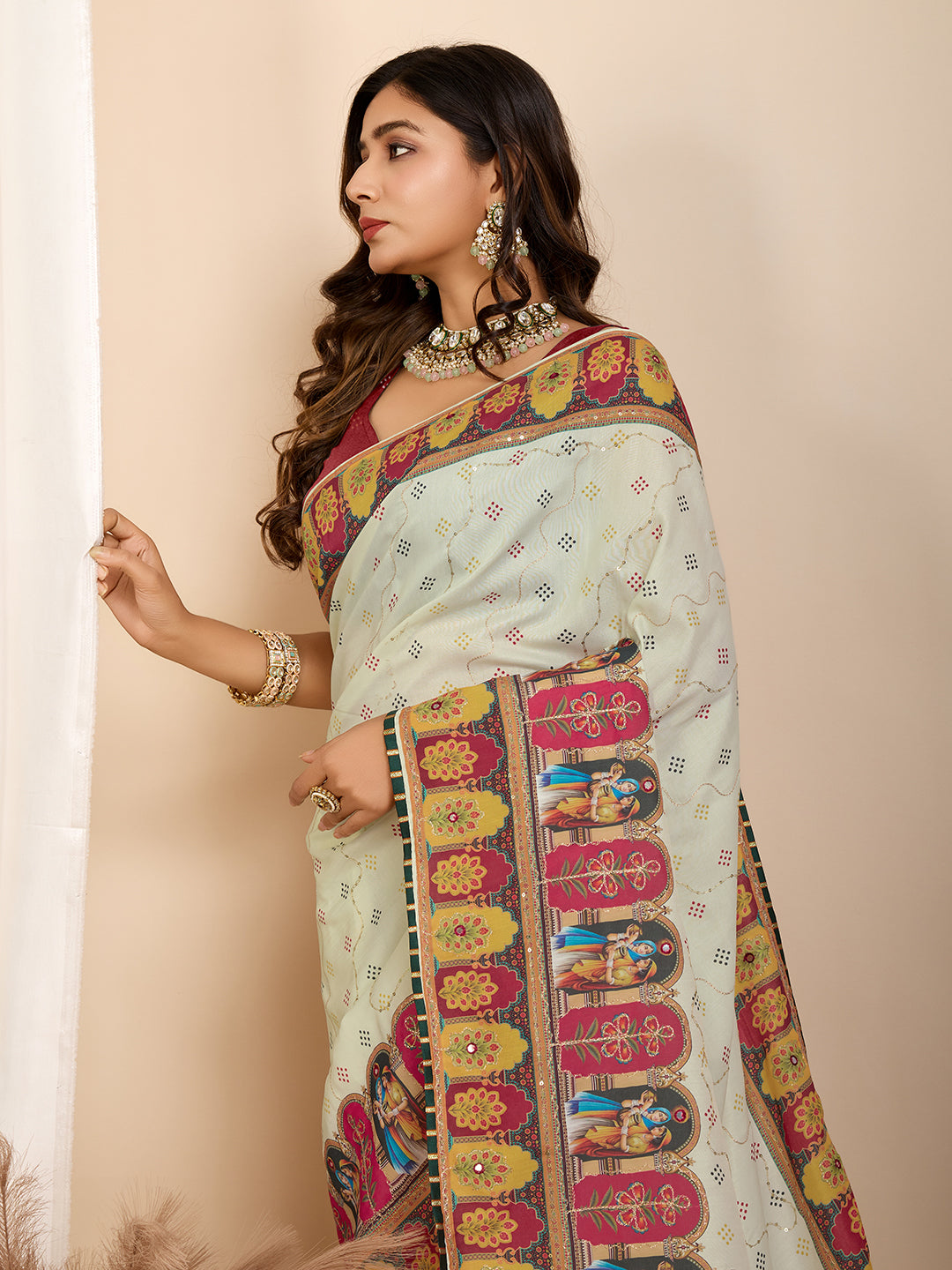 Vedant Vastram Maslin Cotton Digital Printed & Embroidered Work Saree - Beige - Distacart