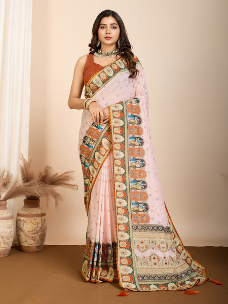 Vedant Vastram Maslin Cotton Digital Printed & Embroidered Work Saree - Orange - Distacart