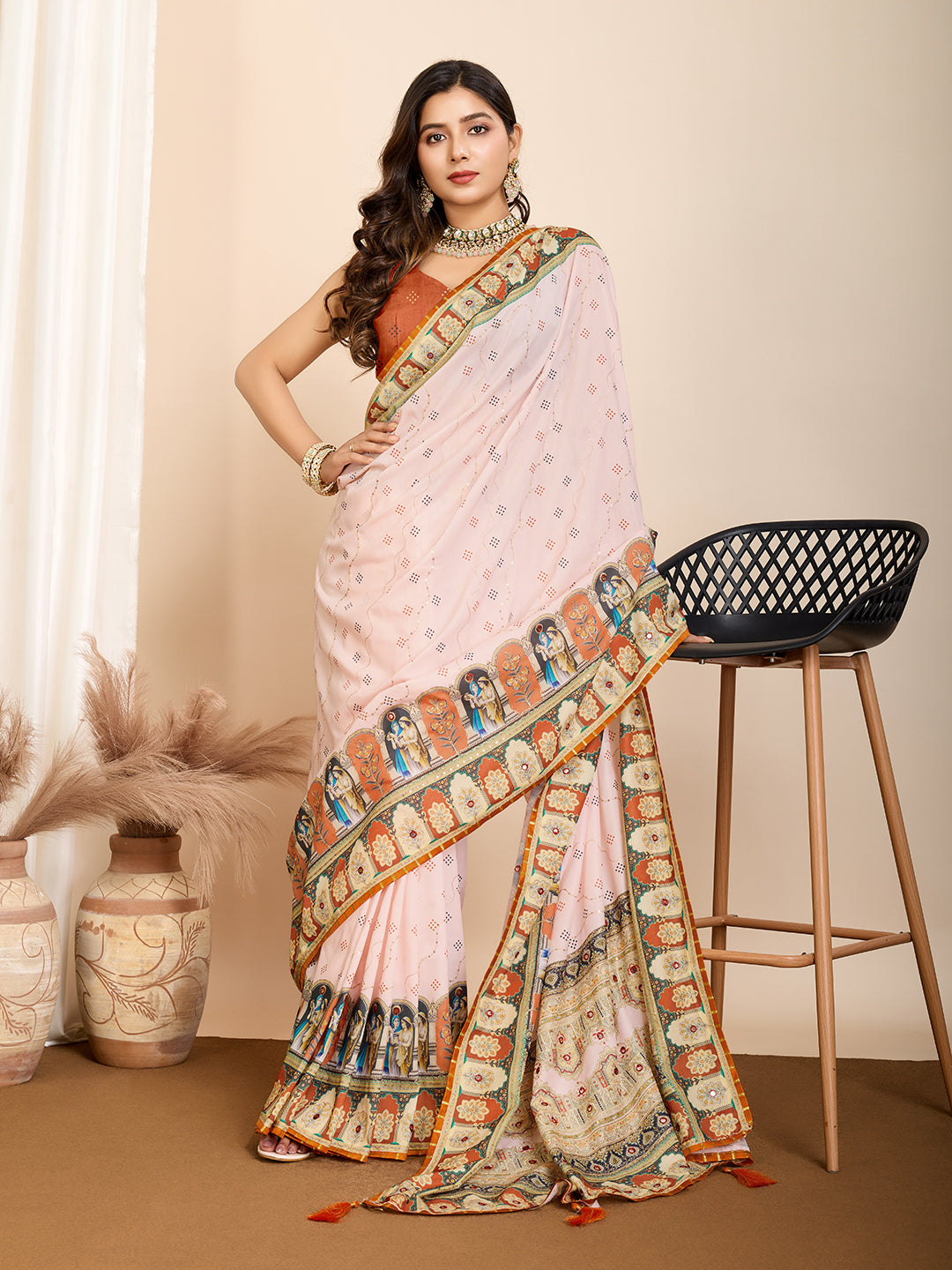 Vedant Vastram Maslin Cotton Digital Printed & Embroidered Work Saree - Orange - Distacart
