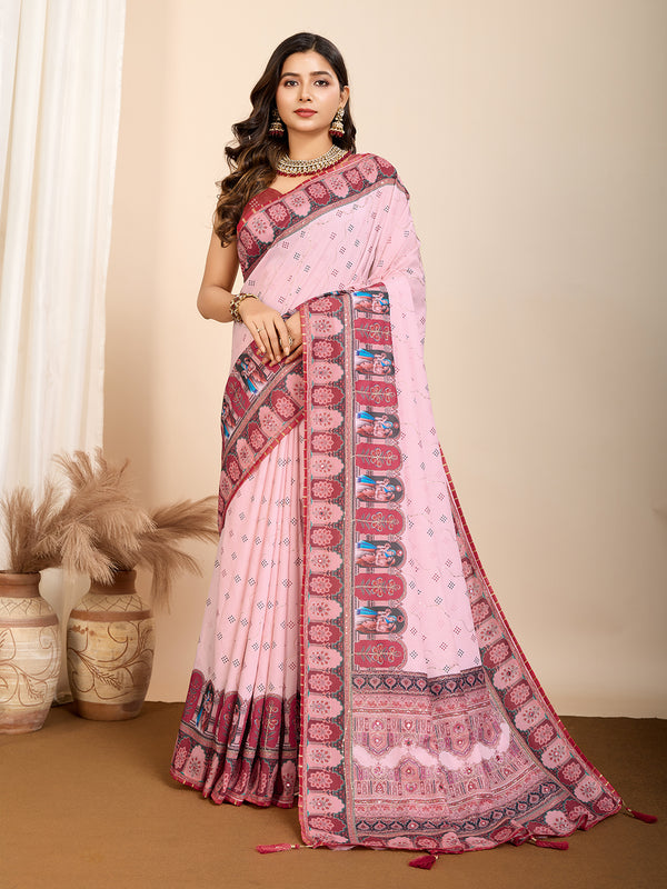 Vedant Vastram Maslin Cotton Digital Printed & Embroidered Work Saree - Pink - Distacart