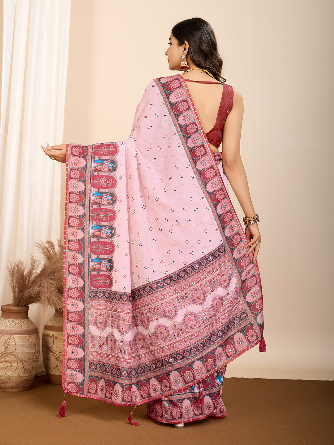 Vedant Vastram Maslin Cotton Digital Printed & Embroidered Work Saree - Pink - Distacart