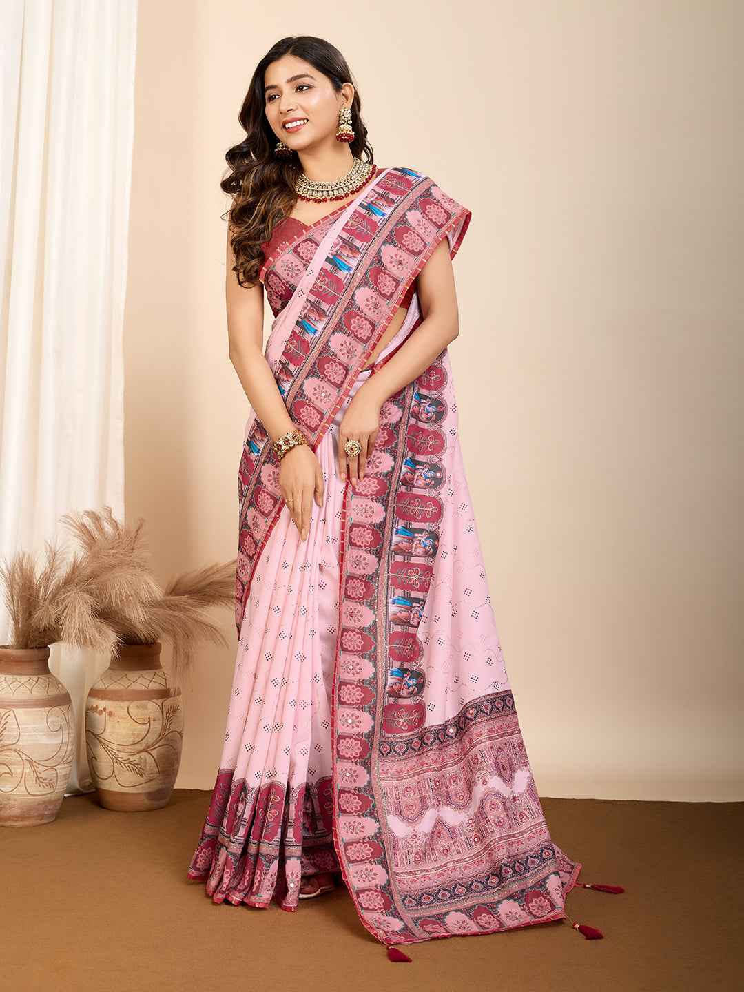Vedant Vastram Maslin Cotton Digital Printed & Embroidered Work Saree - Pink - Distacart