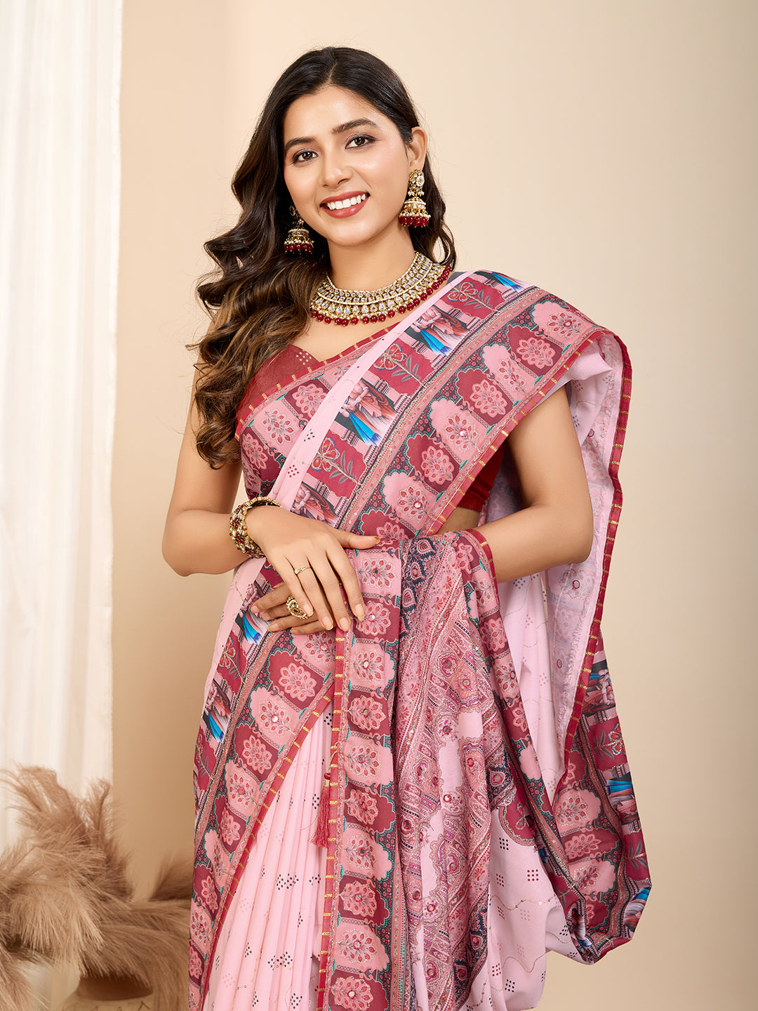 Vedant Vastram Maslin Cotton Digital Printed & Embroidered Work Saree - Pink - Distacart