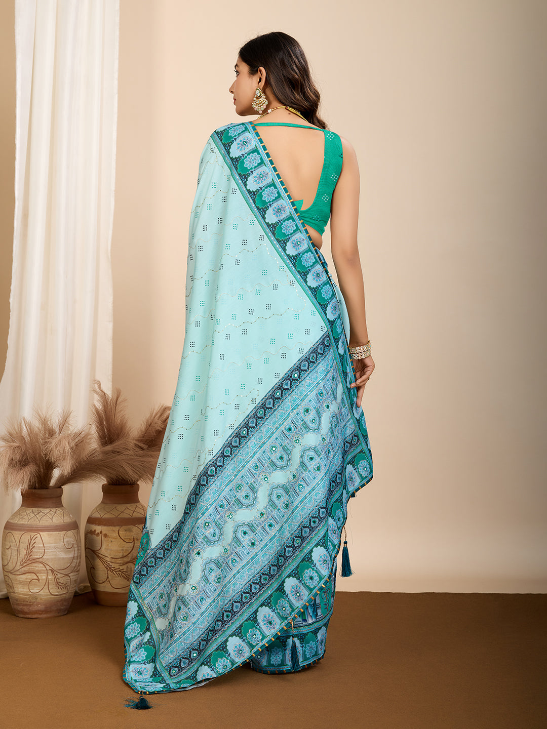 Vedant Vastram Maslin Cotton Digital Printed & Embroidered Work Saree - Turquoise - Distacart