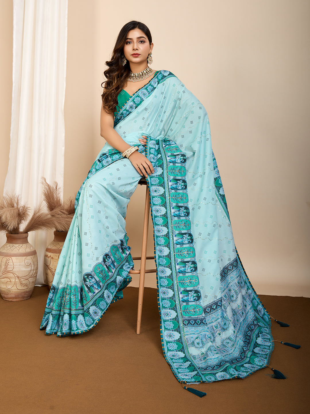 Vedant Vastram Maslin Cotton Digital Printed & Embroidered Work Saree - Turquoise - Distacart