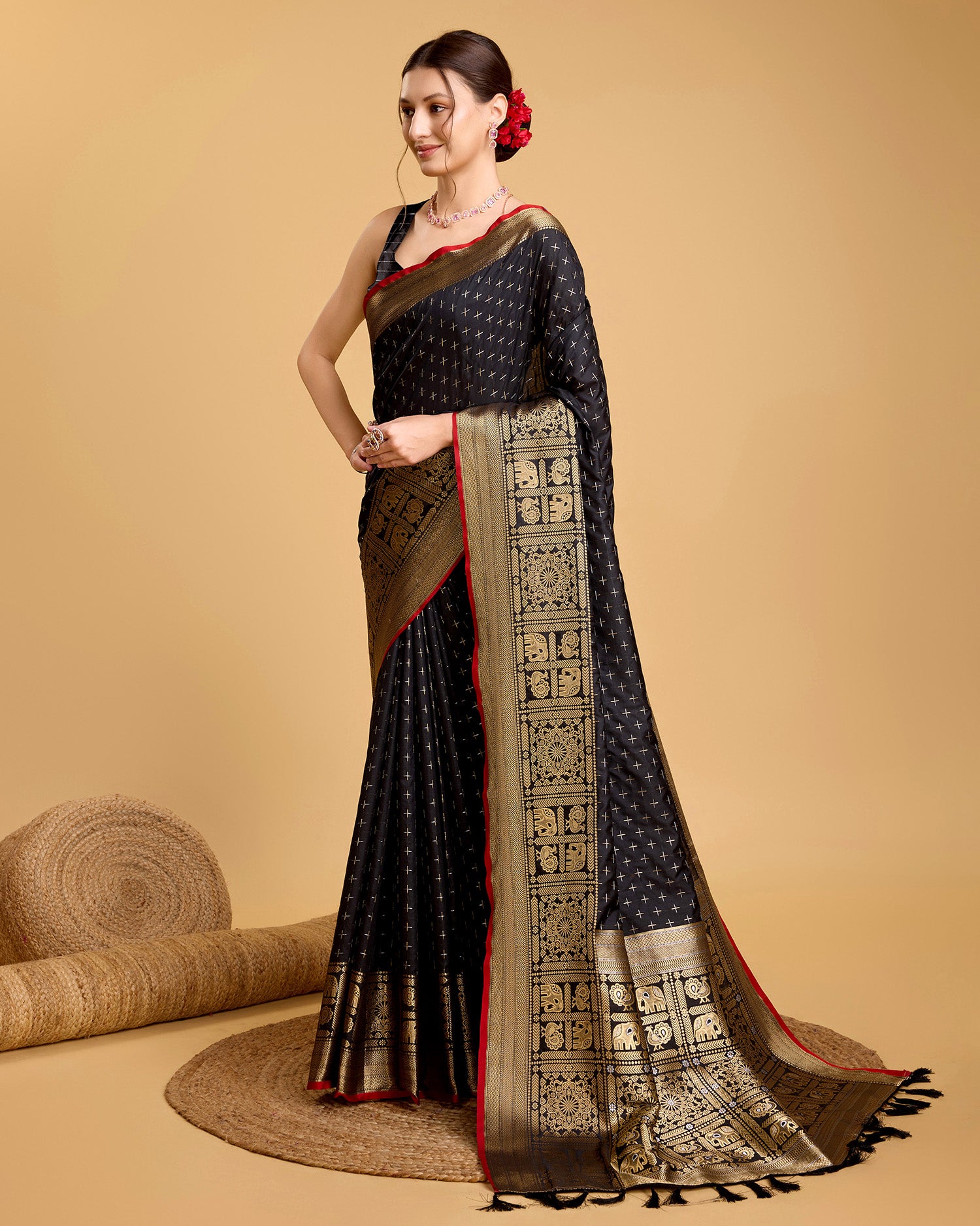 Vedant Vastram Soft Litchi Silk Banarasi Silk Saree - Black - Distacart