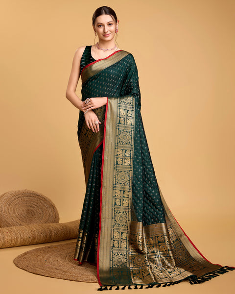 Vedant Vastram Soft Litchi Silk Banarasi Silk Saree - Green - Distacart