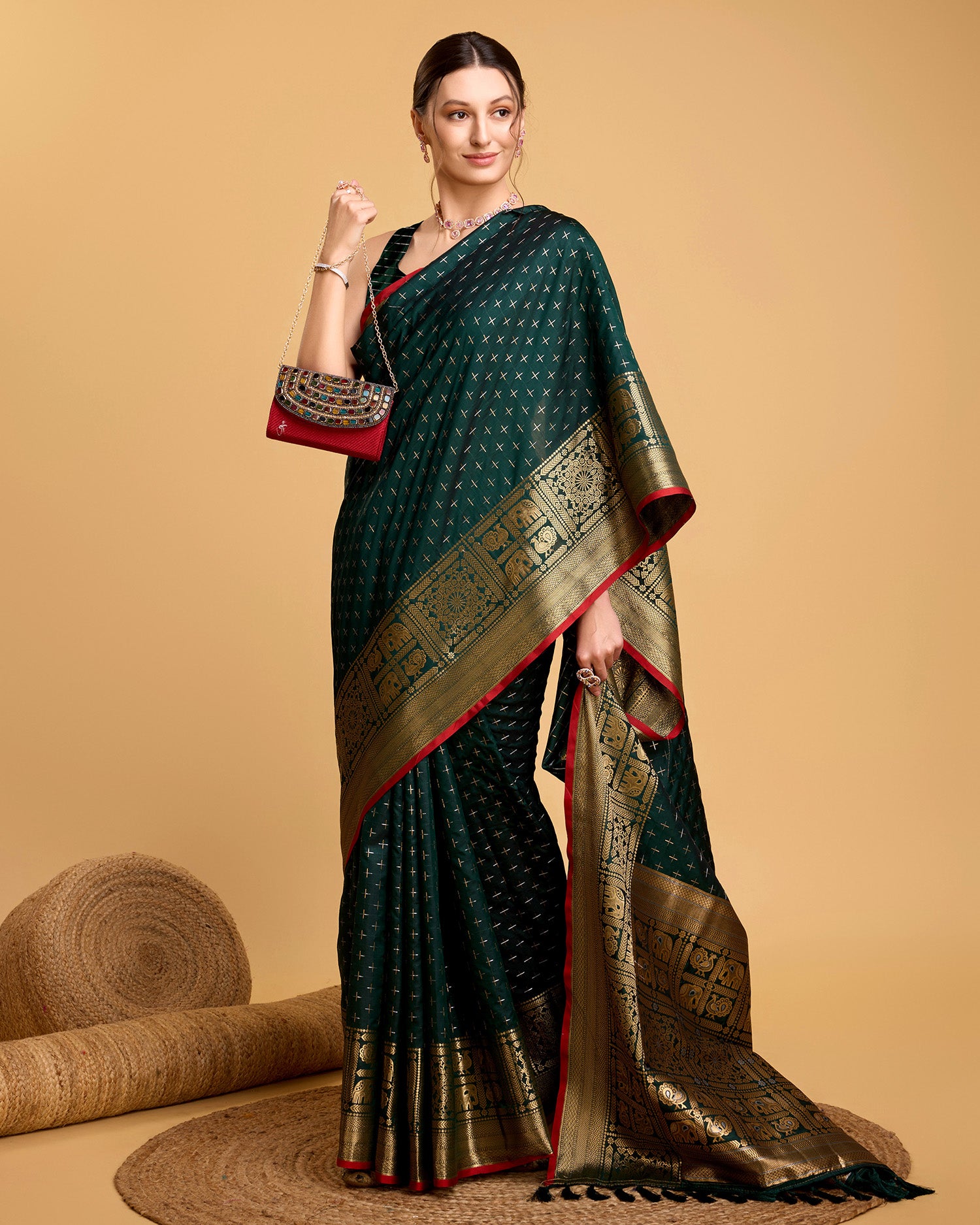 Vedant Vastram Soft Litchi Silk Banarasi Silk Saree - Green - Distacart