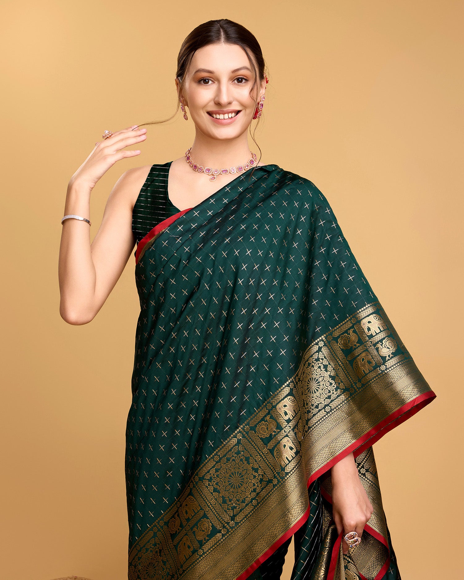 Vedant Vastram Soft Litchi Silk Banarasi Silk Saree - Green - Distacart