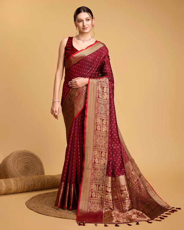 Vedant Vastram Soft Litchi Silk Banarasi Silk Saree - Maroon - Distacart