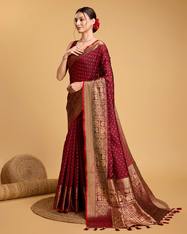 Vedant Vastram Soft Litchi Silk Banarasi Silk Saree - Maroon - Distacart