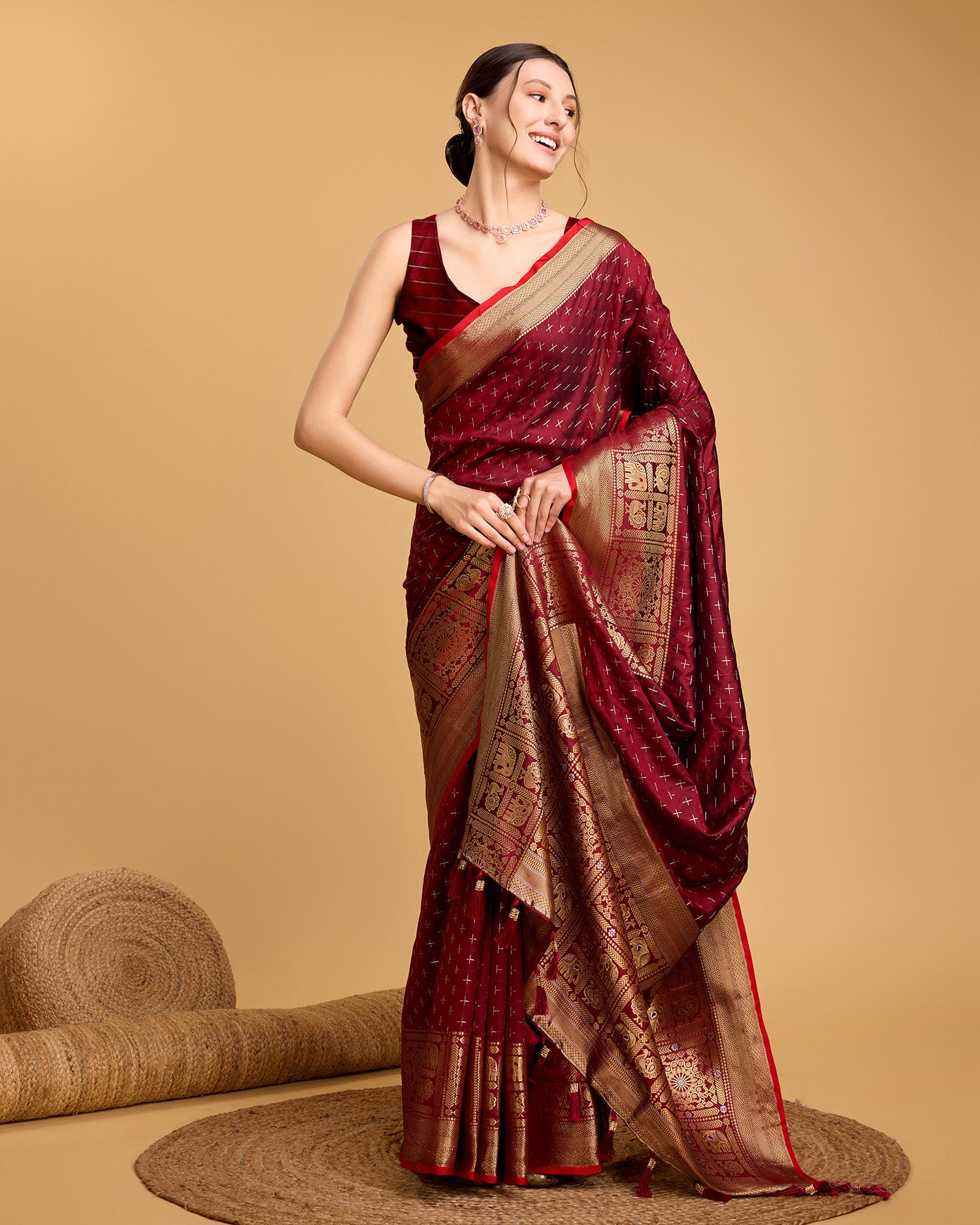 Vedant Vastram Soft Litchi Silk Banarasi Silk Saree - Maroon - Distacart