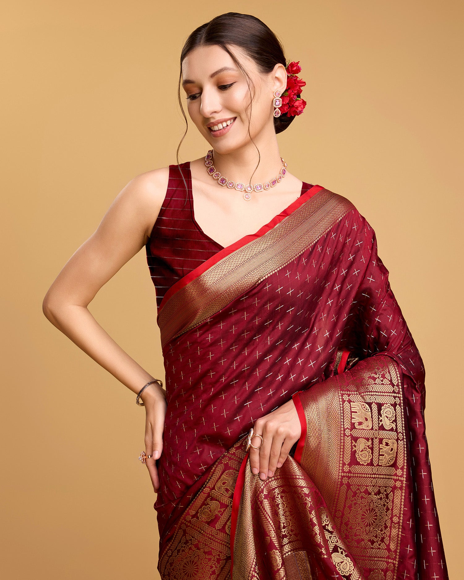Vedant Vastram Soft Litchi Silk Banarasi Silk Saree - Maroon - Distacart