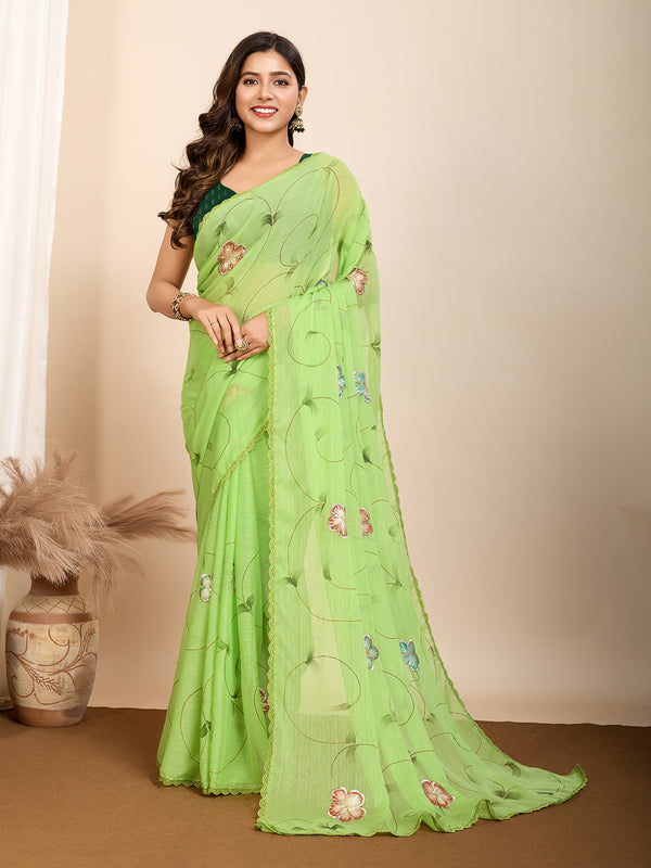 Vedant Vastram Georgette Printed Fancy Saree - Parrot - Distacart