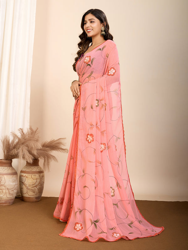 Vedant Vastram Georgette Printed Fancy Saree - Peach - Distacart