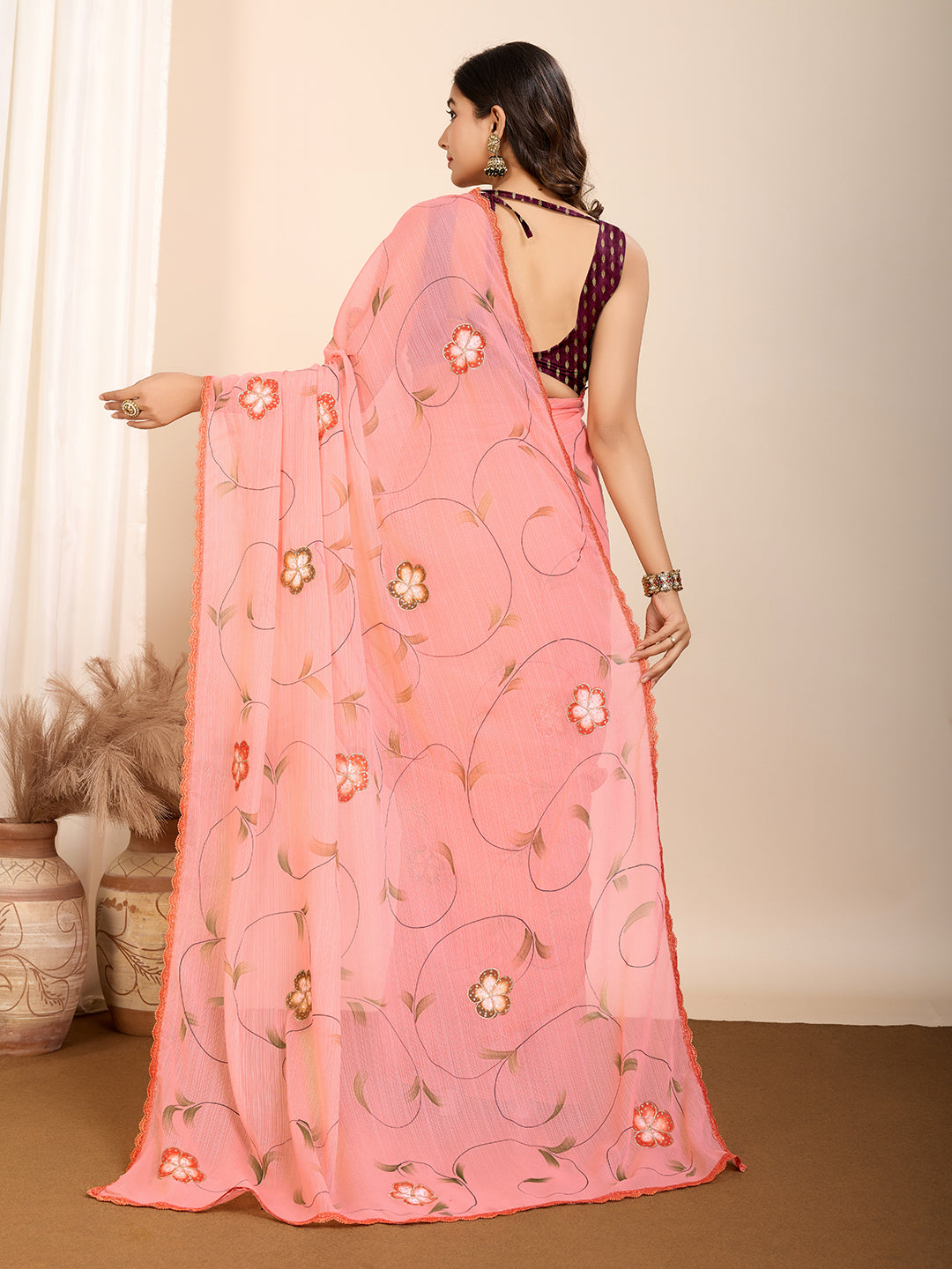 Vedant Vastram Georgette Printed Fancy Saree - Peach - Distacart
