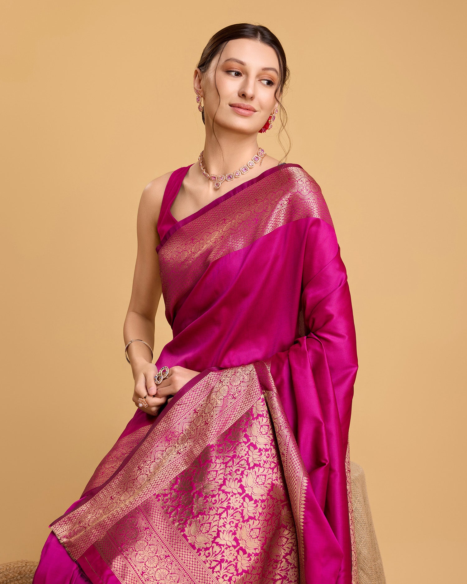 Vedant Vastram Soft Litchi Silk Banarasi Silk Saree - Magenta - Distacart