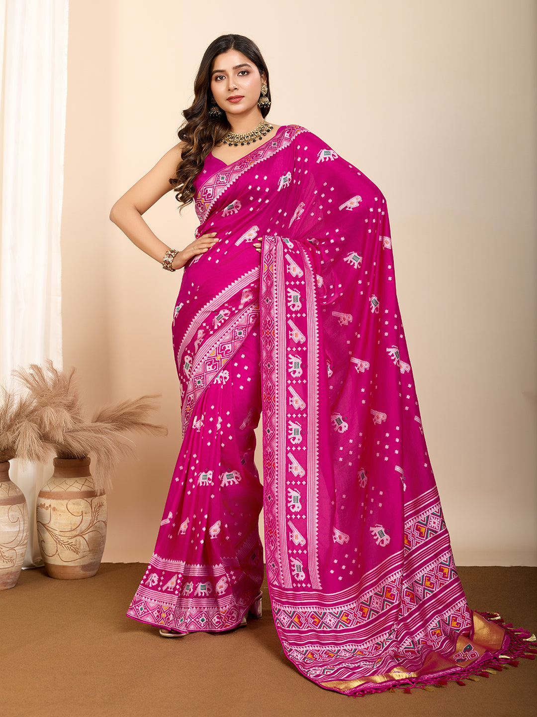 Vedant Vastram Maslin Dola Silk Kanjeevaram Silk Saree - Magenta - Distacart
