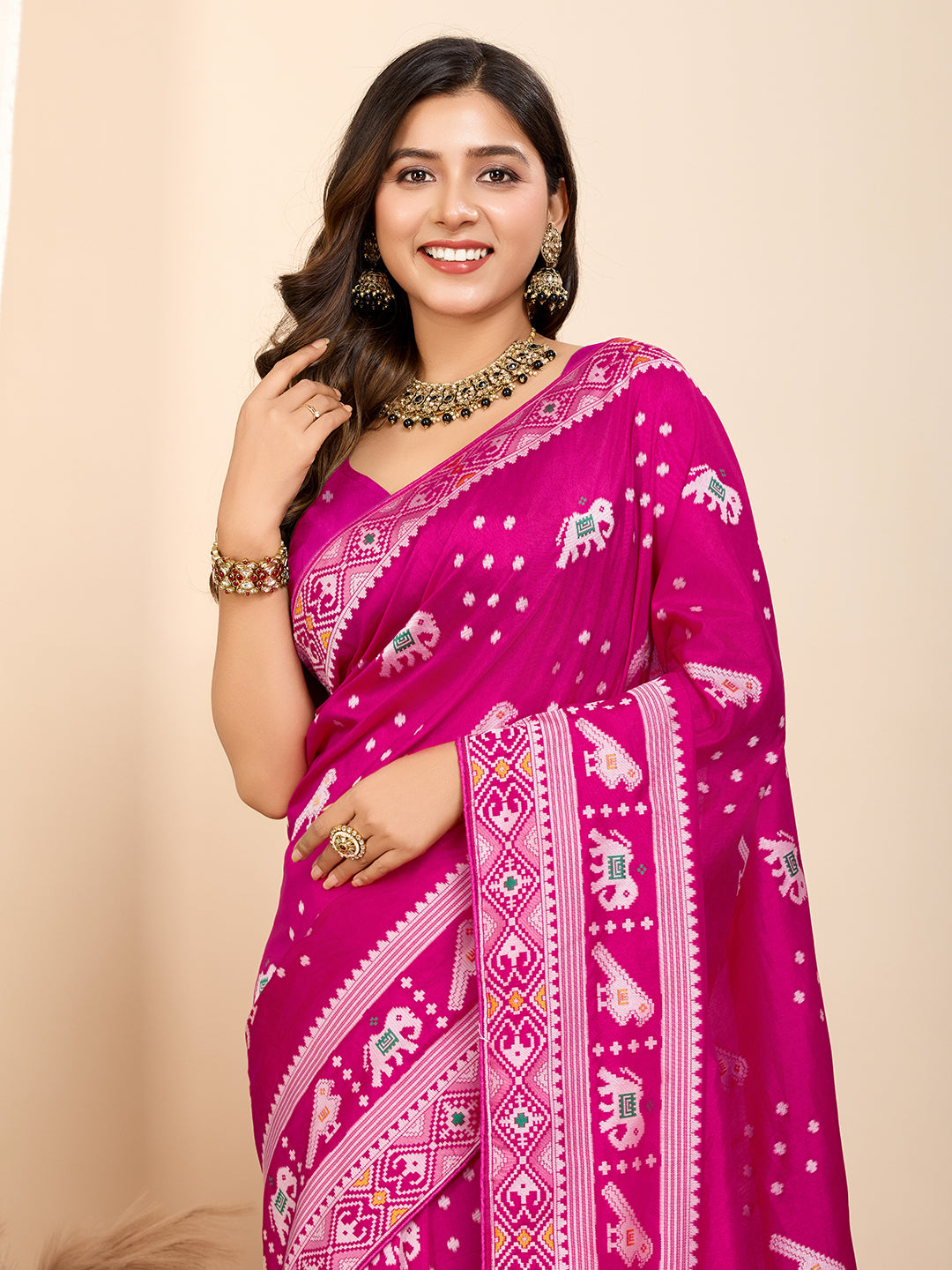 Vedant Vastram Maslin Dola Silk Kanjeevaram Silk Saree - Magenta - Distacart