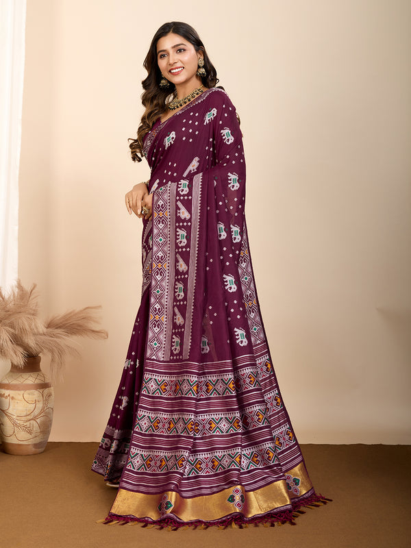 Vedant Vastram Maslin Dola Silk Kanjeevaram Silk Saree - Wine - Distacart