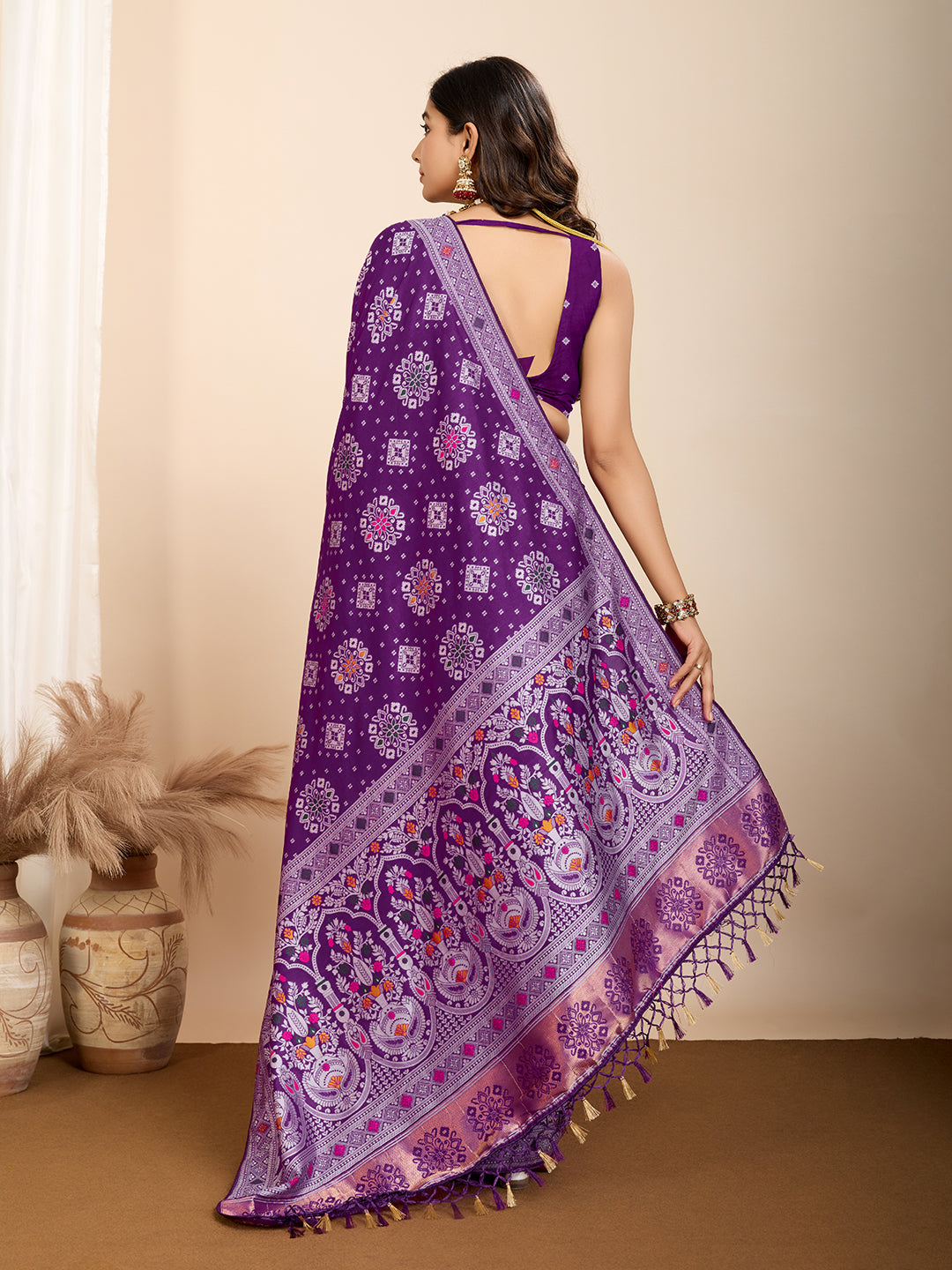Vedant Vastram Maslin Dola Silk Kanjeevaram Silk Saree - Violet - Distacart