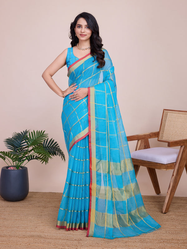 Vedant Vastram Cotton Silk Jacquard Fancy Saree - Firozi - Distacart
