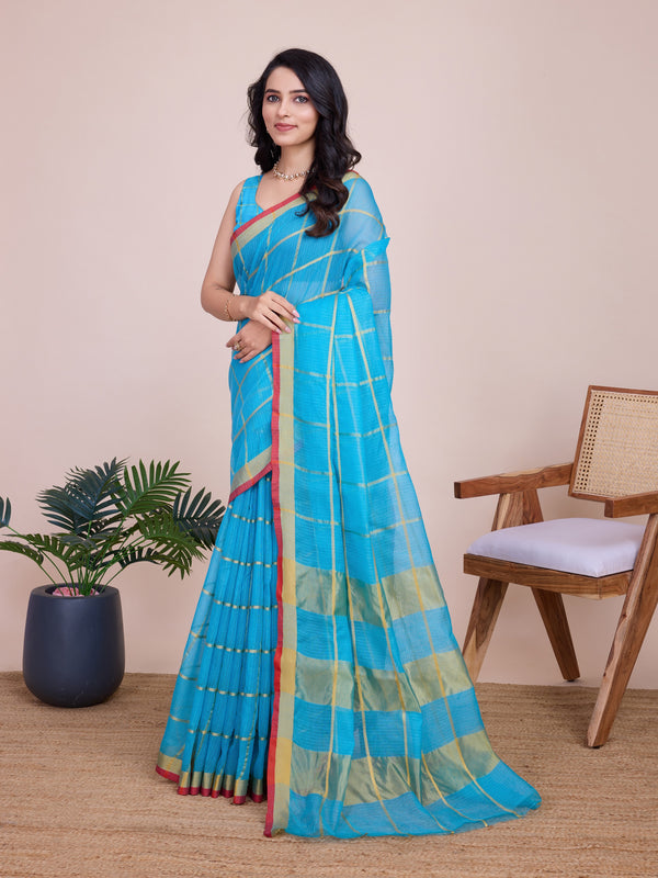 Vedant Vastram Cotton Silk Jacquard Fancy Saree - Firozi - Distacart