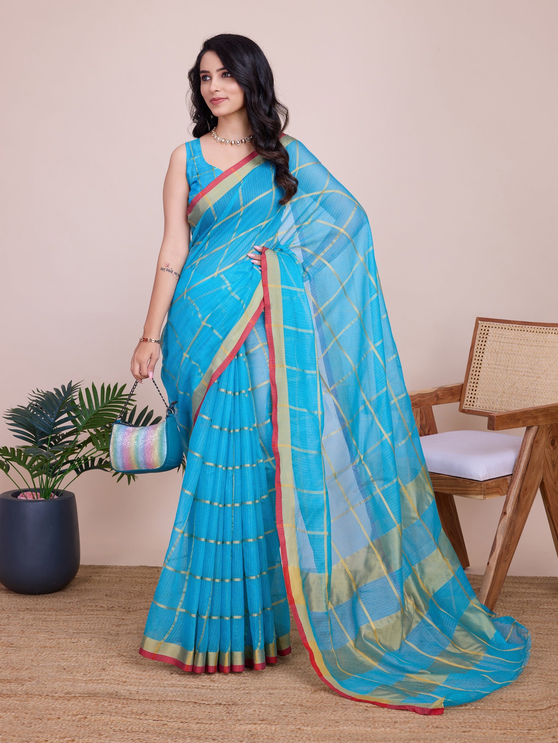 Vedant Vastram Cotton Silk Jacquard Fancy Saree - Firozi - Distacart